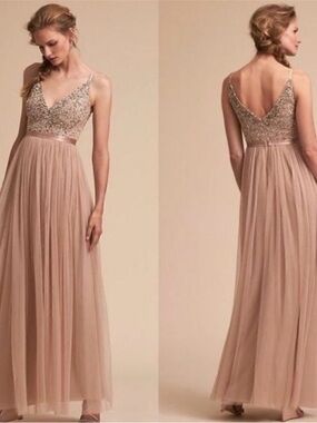 BHLDN Champagne Blush Beaded V‑Neck Tulle Gown